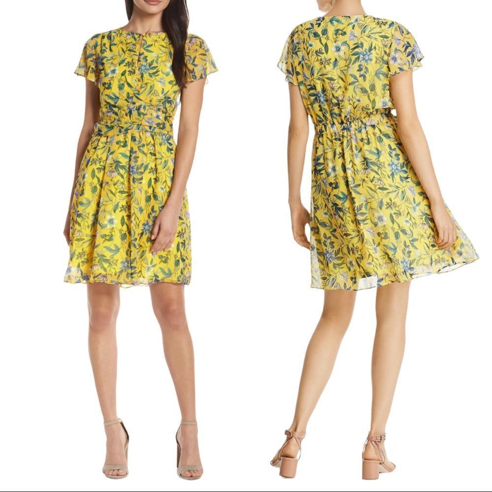 Sam Edelman Yellow Retro Floral Printed Flowy Mini Dress Sz M